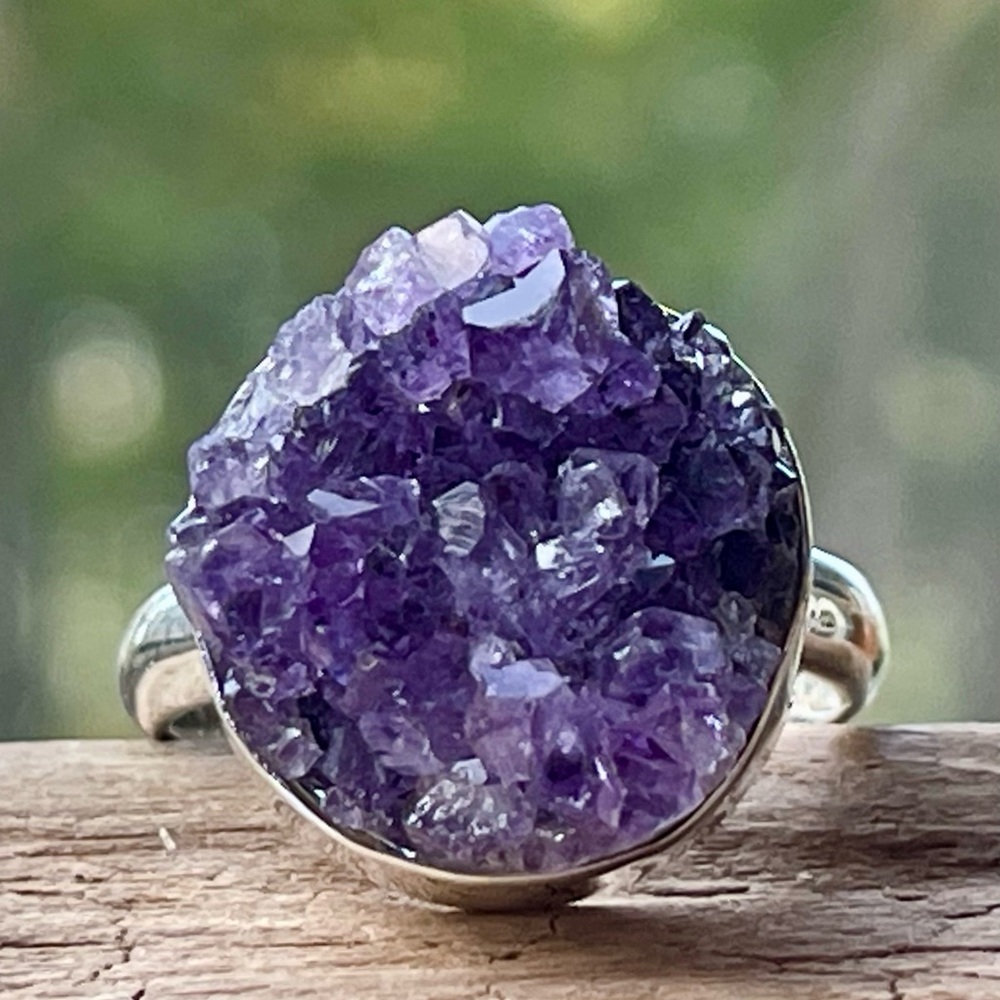 Raw Amethyst Geode Crystal Cluster Sterling Silver Ring | sz 9